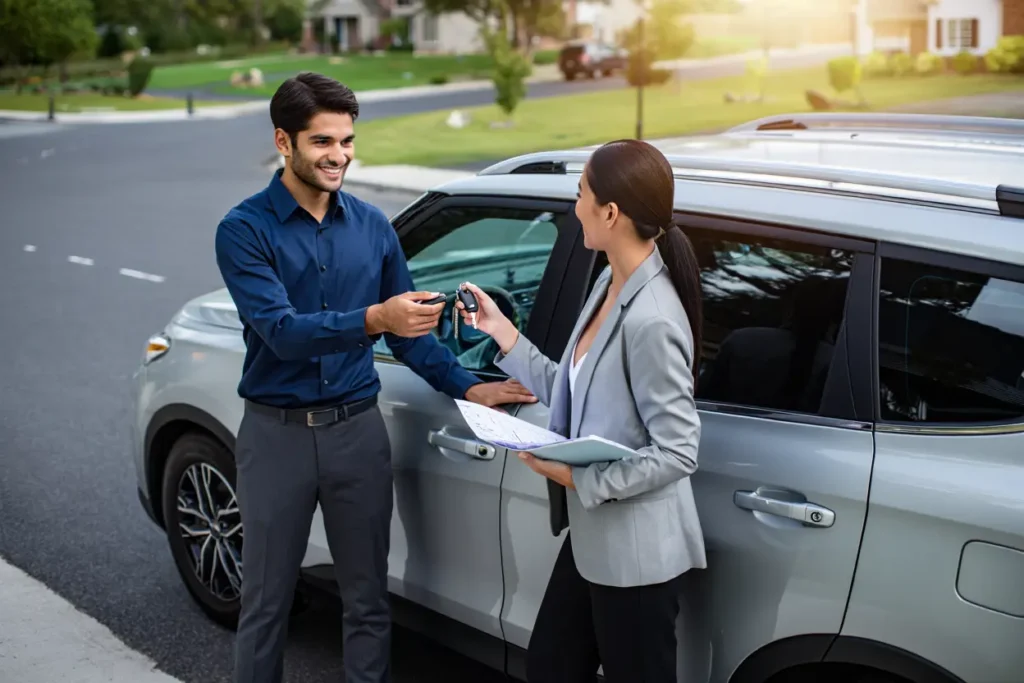 A realistic illustration of two adults exchanging car keys beside a vehicle, one person holding insurance documents, suburban background, professional and trustworthy tone, natural lighting, no text, no logos, high resolution