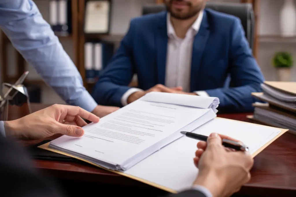 auto claim lawyer,A professional lawyer in an office reviewing car insurance documents with a client, modern office setting, subtle car accident file on desk, trustworthy legal atmosphere, realistic style, neutral colors, no text, no logos, high resolution