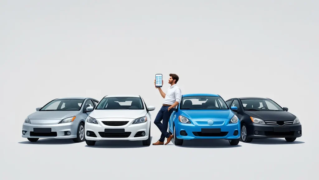 A clean, modern illustration of several affordable compact cars parked side by side, a driver comparing insurance prices on a smartphone, bright neutral background, professional financial theme, realistic style, no text, no brand logos, high resolution
